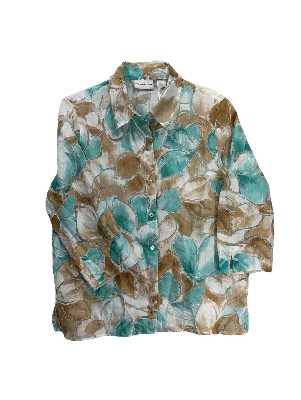 Alfred Dunner Blouse Women 12 Teal Floral Burnout 3/4 Sleeve Button Up Shirt